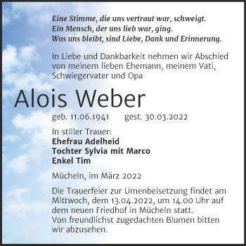 Traueranzeige von Alois Weber von Trauerkombi Merseburg