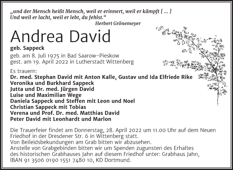  Traueranzeige für Andrea David vom 23.04.2022 aus Trauerkombi Wittenberg