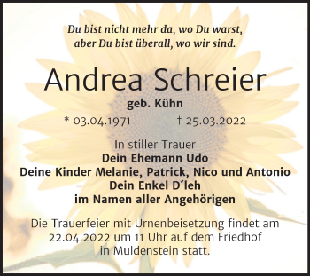 Traueranzeige von Andrea Schreier von Trauerkombi Bitterfeld