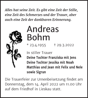 Traueranzeige von Andreas Bohm von Mitteldeutsche Zeitung Halle/Saalkreis