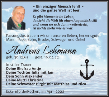 Traueranzeige von Andreas Lehmann von Trauerkombi Köthen