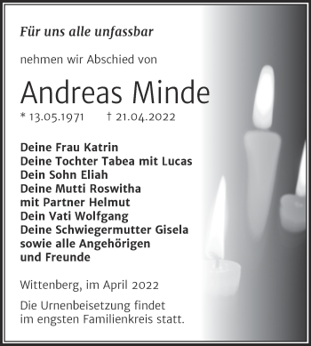 Traueranzeige von Andreas Minde von Trauerkombi Wittenberg