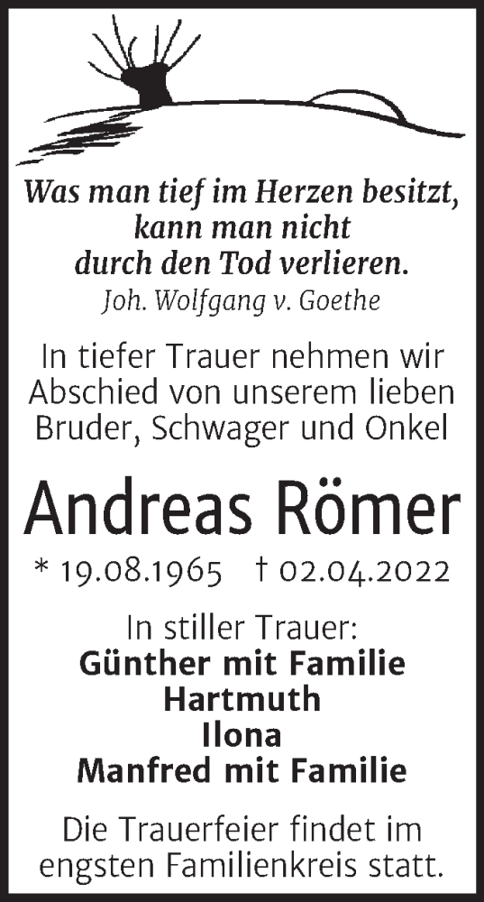  Traueranzeige für Andreas Römer vom 07.04.2022 aus Trauerkombi Sangerhausen