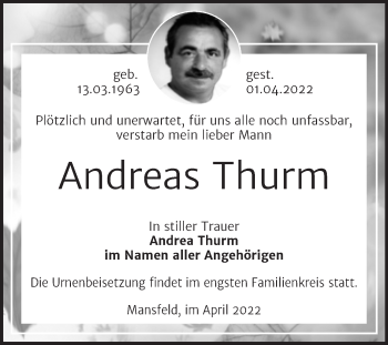 Traueranzeige von Andreas Thurm von Trauerkombi Mansfelder Land