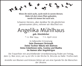 Traueranzeige von Angelika Mühlhaus von Mitteldeutsche Zeitung Halle/Saalkreis