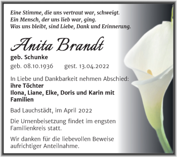 Traueranzeige von Anita Brandt von Trauerkombi Merseburg