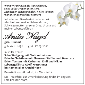 Traueranzeige von Anita Nagel von Trauerkombi Merseburg