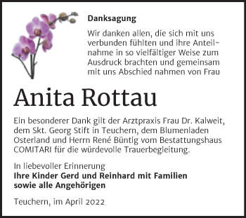 Traueranzeige von Anita Rottau von Trauerkombi Weißenfels