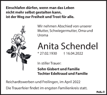 Traueranzeige von Anita Schendel von Trauerkombi Weißenfels