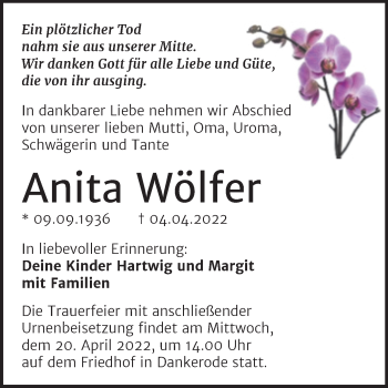 Traueranzeige von Anita Wölfer von Trauerkombi Quedlinburg