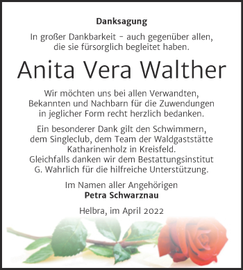 Traueranzeige von Anita Vera Walther von Trauerkombi Mansfelder Land