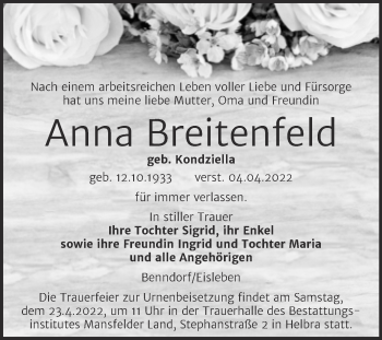 Traueranzeige von Anna Breitenfeld von Trauerkombi Mansfelder Land