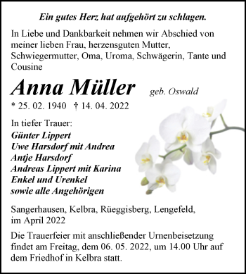 Traueranzeige von Anna Müller von Trauerkombi Sangerhausen