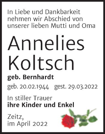 Traueranzeige von Annelies Koltsch von Trauerkombi Zeitz