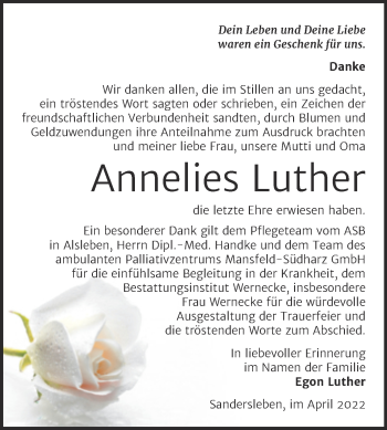 Traueranzeige von Annelies Luther von Trauerkombi Mansfelder Land