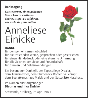 Traueranzeige von Anneliese Einicke von Trauerkombi Sangerhausen