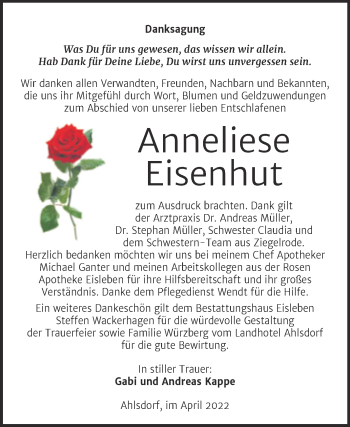 Traueranzeige von Anneliese Eisenhut von Trauerkombi Mansfelder Land