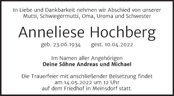 Traueranzeige von Anneliese Hochberg von Trauerkombi Dessau