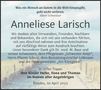 Traueranzeige von Anneliese Larisch von Trauerkombi Wittenberg