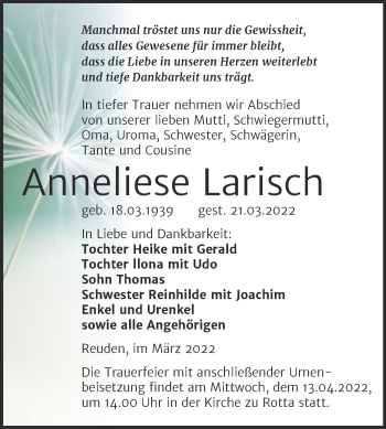 Traueranzeige von Anneliese Larisch von Trauerkombi Wittenberg