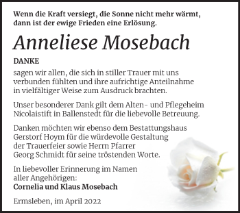 Traueranzeige von Anneliese Mosebach von Trauerkombi Quedlinburg