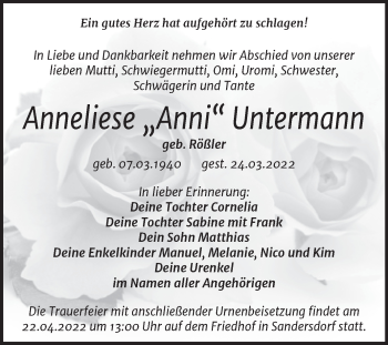 Traueranzeige von Anneliese Untermann von Trauerkombi Bitterfeld