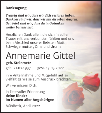 Traueranzeige von Annemarie Gittel von Trauerkombi Bitterfeld