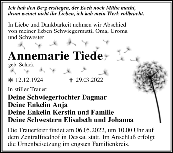 Traueranzeige von Annemarie Tiede von Trauerkombi Dessau