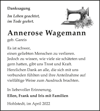 Traueranzeige von Annerose Wagemann von Trauerkombi Sangerhausen