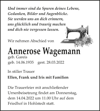 Traueranzeige von Annerose Wagemann von Trauerkombi Sangerhausen