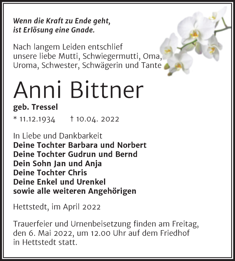  Traueranzeige für Anni Bittner vom 20.04.2022 aus Trauerkombi Mansfelder Land