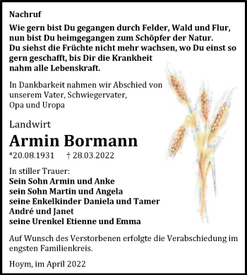 Traueranzeige von Armin Bormann von Trauerkombi Aschersleben