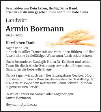 Traueranzeige von Armin Bormann von Trauerkombi Aschersleben