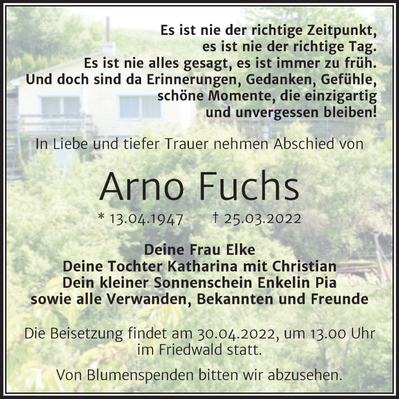  Traueranzeige für Arno Fuchs vom 23.04.2022 aus Trauerkombi Sangerhausen