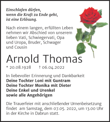 Traueranzeige von Arnold Thomas von Trauerkombi Wittenberg