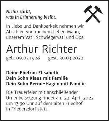 Traueranzeige von Arthur Richter von Trauerkombi Bitterfeld