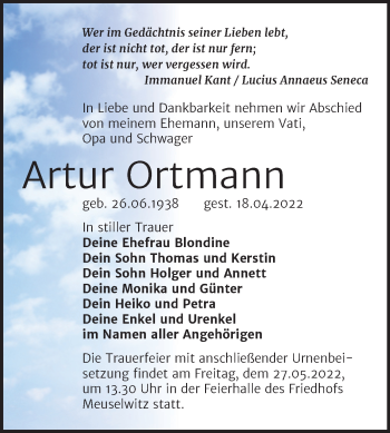 Traueranzeige von Artur Ortmann von Trauerkombi Zeitz