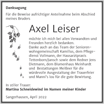 Traueranzeige von Axel Leiser von Mitteldeutsche Zeitung Sangerhausen