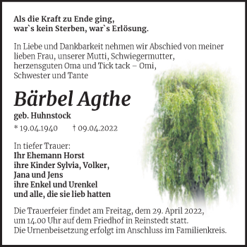Traueranzeige von Bärbel Agthe von Trauerkombi Quedlinburg