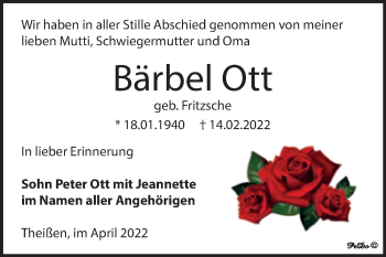 Traueranzeige von Bärbel Ott von Trauerkombi Zeitz