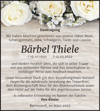 Traueranzeige von Bärbel Thiele von Trauerkombi Quedlinburg