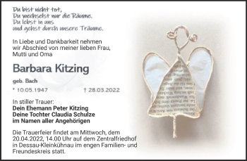 Traueranzeige von Barbara Kitzing von Trauerkombi Dessau