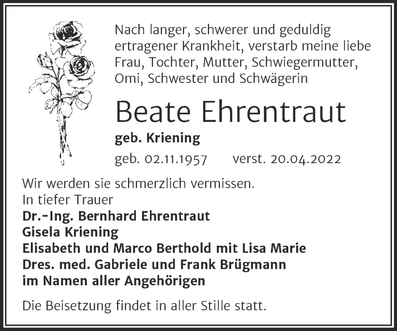  Traueranzeige für Beate Ehrentraut vom 30.04.2022 aus Trauerkombi Wittenberg