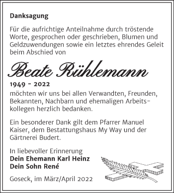 Traueranzeige von Beate Rühlemann von Trauerkombi Weißenfels