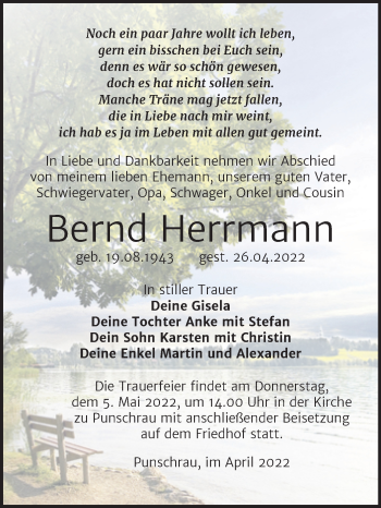 Traueranzeige von Bernd Herrmann von Naumburger Tageblatt