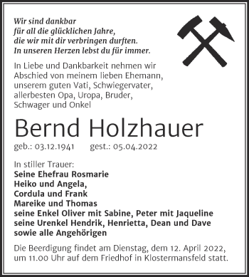 Traueranzeige von Bernd Holzhauer von Trauerkombi Mansfelder Land