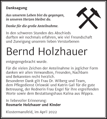 Traueranzeige von Bernd Holzhauer von Trauerkombi Mansfelder Land