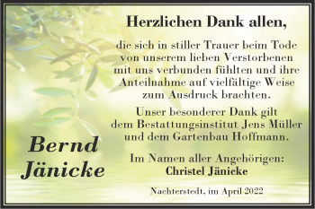 Traueranzeige von Bernd Jänicke von Trauerkombi Aschersleben