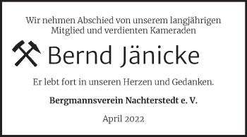 Traueranzeige von Bernd Jänicke von Trauerkombi Aschersleben