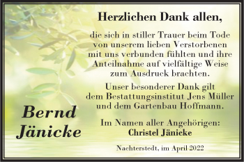 Traueranzeige von Bernd Jänicke von Trauerkombi Aschersleben